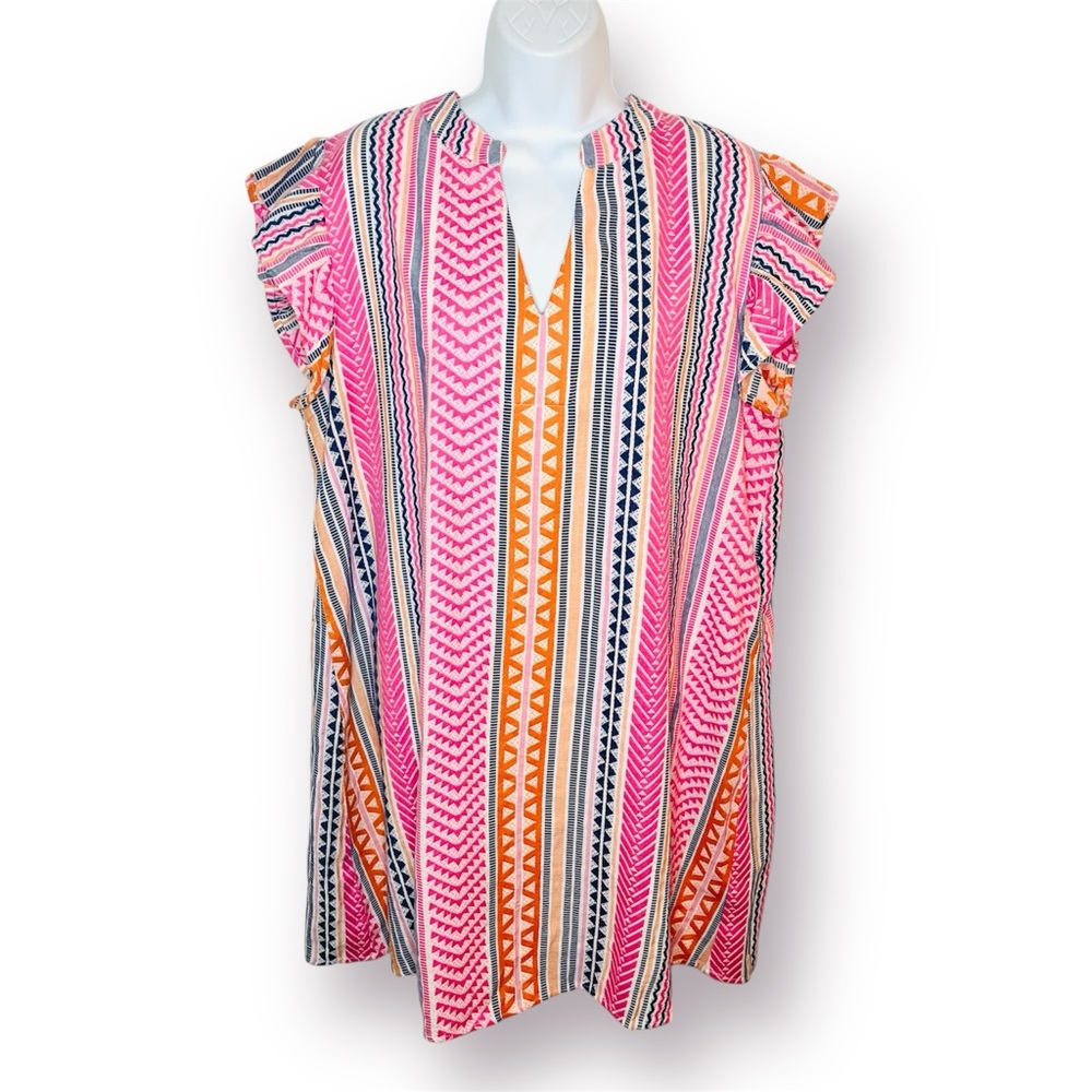 THML Pink Tunic Dress Split Collar Flutter Sleeve Colorful Patchwork Stripes L